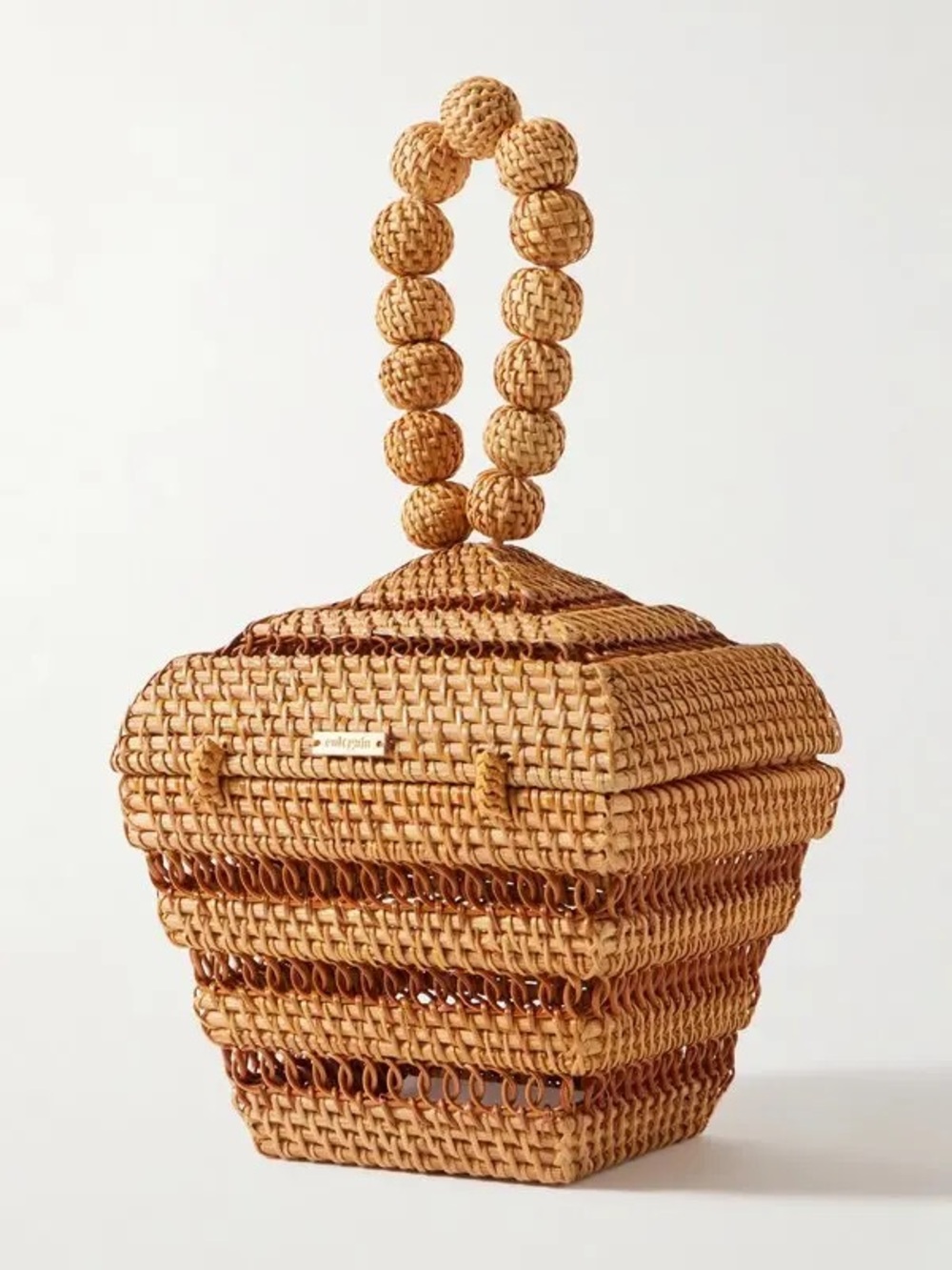 Cult Gaia Suri Rattan Wicker Top Handle Beaded Clutch Mini Bag Purse Tan Brown - Picture 4 of 9